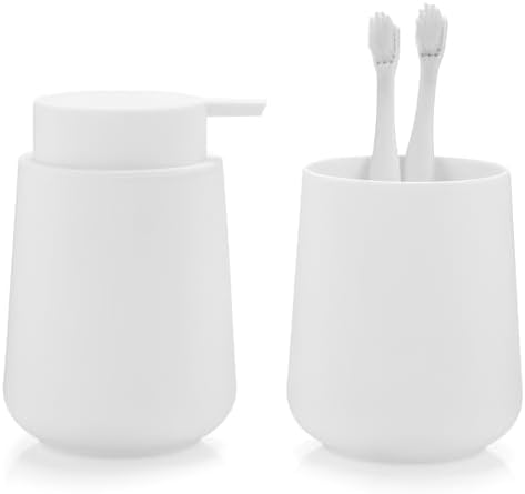 Matte White 2-Piece Bathroom Accessories Set Plastic Soap Dispenser Toothbrush Holder