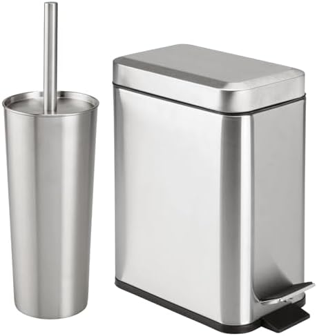 mDesign Metal Toilet Brush with Holder and Step Trash Can Set