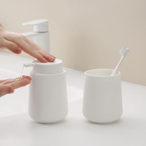 Matte White 2-Piece Bathroom Accessories Set Plastic Soap Dispenser Toothbrush Holder