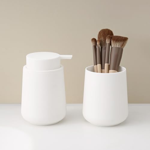 Matte White 2-Piece Bathroom Accessories Set Plastic Soap Dispenser Toothbrush Holder