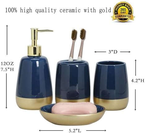 Navy Blue Gold Ceramic Bathroom Accessories Set 4 Pieces