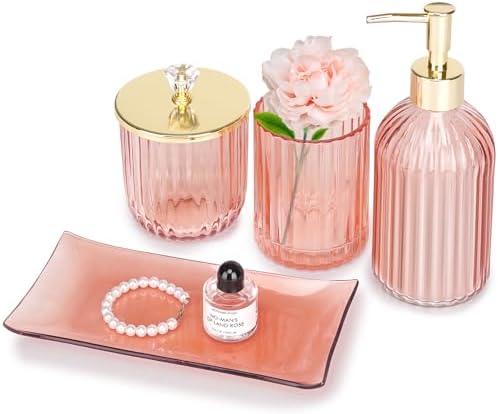 Pink 4Pc Glass Bathroom Accessory Set