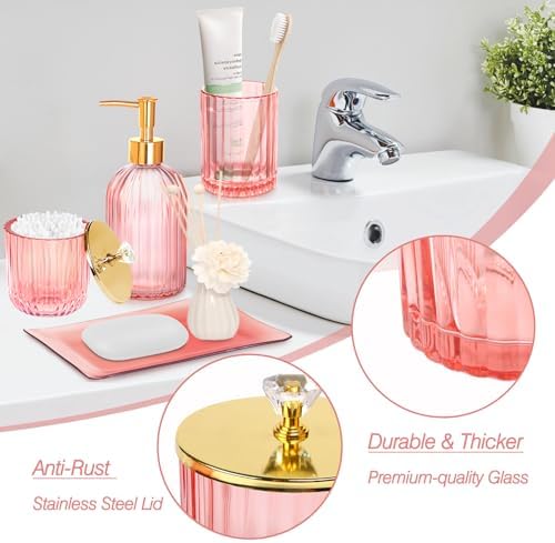 Pink 4Pc Glass Bathroom Accessory Set