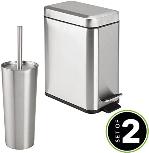 mDesign Metal Toilet Brush with Holder and Step Trash Can Set