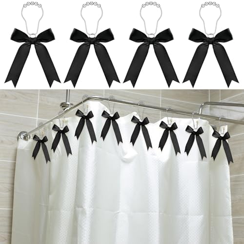 12-Piece Set Black Bow Shower curtain Hooks for Modern Bathroom Design