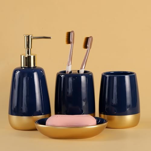 Navy Blue Gold Ceramic Bathroom Accessories Set 4 Pieces