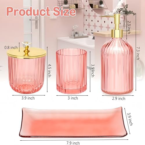 Pink 4Pc Glass Bathroom Accessory Set