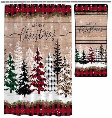 Stylish Mesh Shower Organizer with 10 Pockets Waterproof Leopard Christmas Tree Bath Curtain