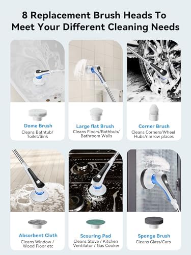 Electric Spin Scrubber Cordless with 8 Replaceable Brush Heads