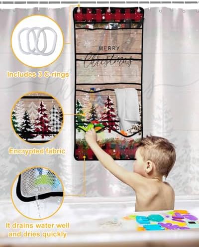 Stylish Mesh Shower Organizer with 10 Pockets Waterproof Leopard Christmas Tree Bath Curtain