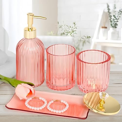 Pink 4Pc Glass Bathroom Accessory Set