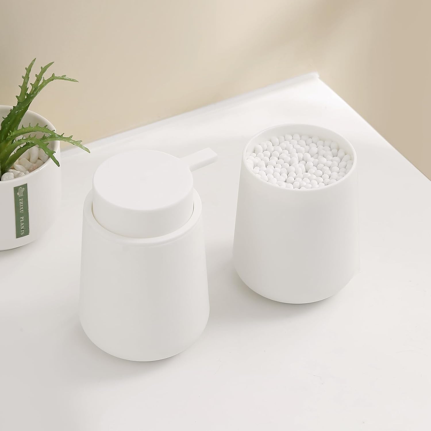 Matte White 2-Piece Bathroom Accessories Set Plastic Soap Dispenser Toothbrush Holder