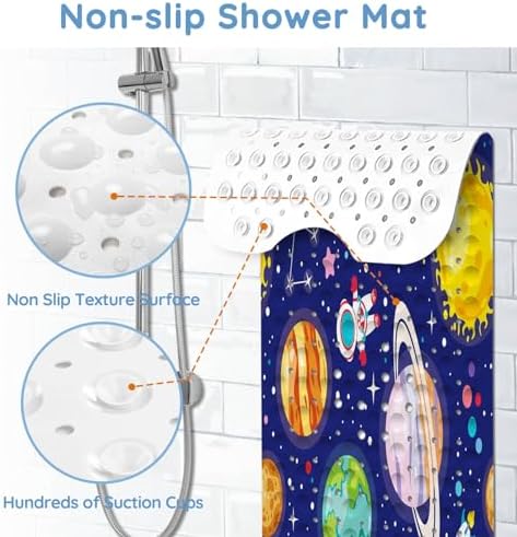 KINUUIS Bathtub Mat for Kids Blue Outer Space Design Non-Slip Washable