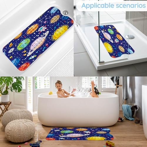 KINUUIS Bathtub Mat for Kids Blue Outer Space Design Non-Slip Washable