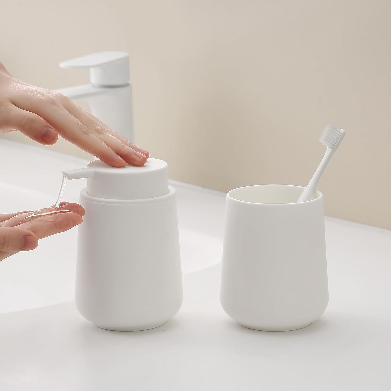 Matte White 2-Piece Bathroom Accessories Set Plastic Soap Dispenser Toothbrush Holder