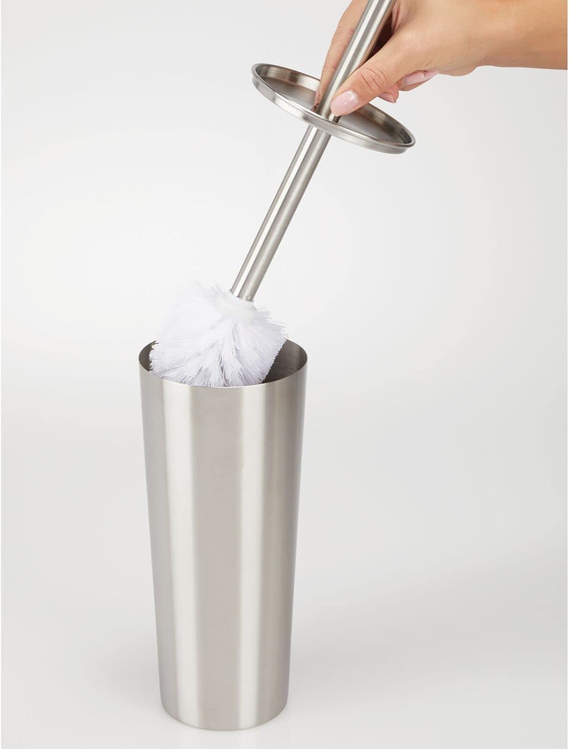 mDesign Metal Toilet Brush with Holder and Step Trash Can Set