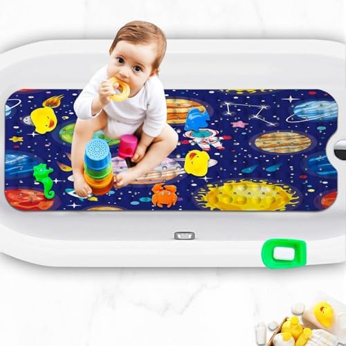 KINUUIS Bathtub Mat for Kids Blue Outer Space Design Non-Slip Washable