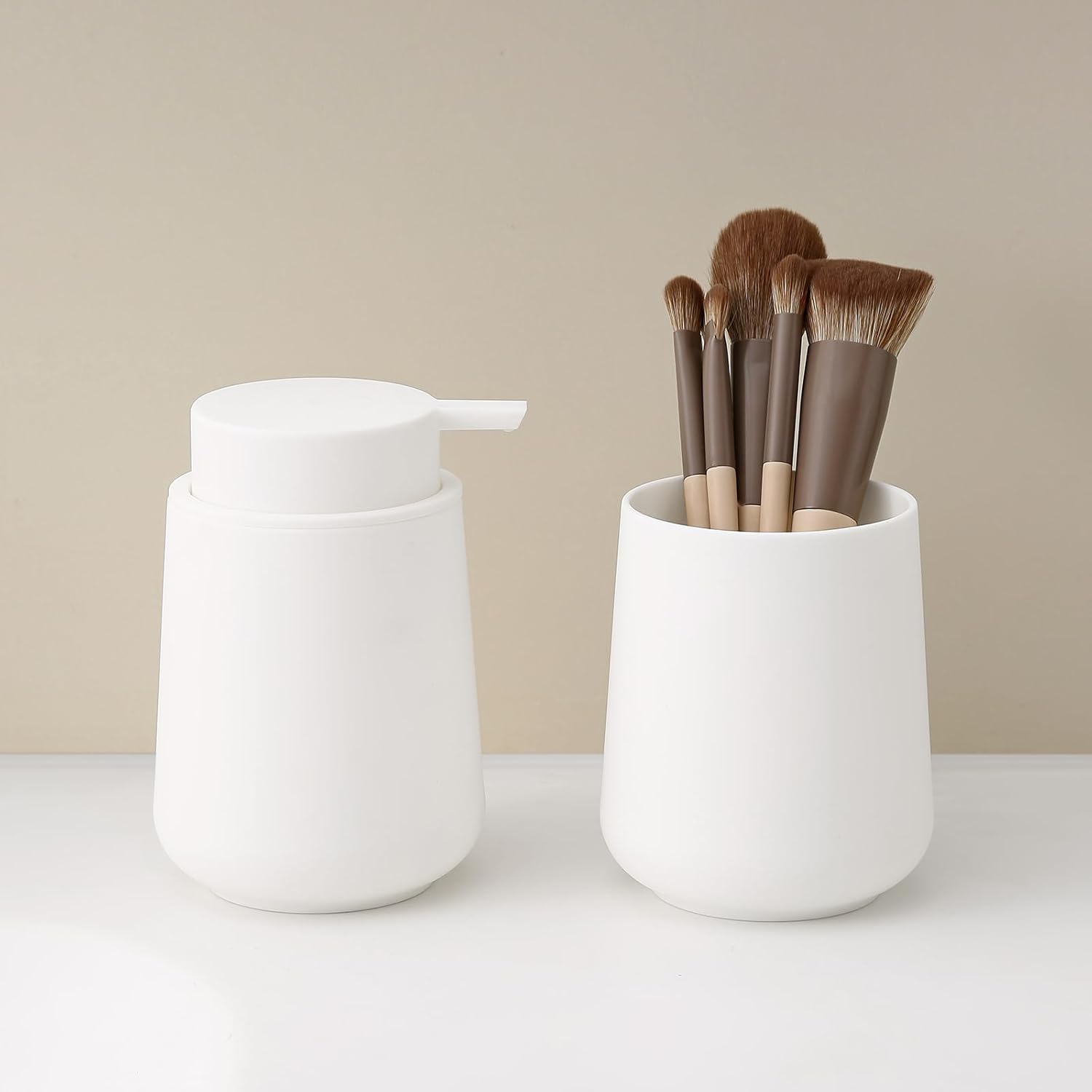 Matte White 2-Piece Bathroom Accessories Set Plastic Soap Dispenser Toothbrush Holder
