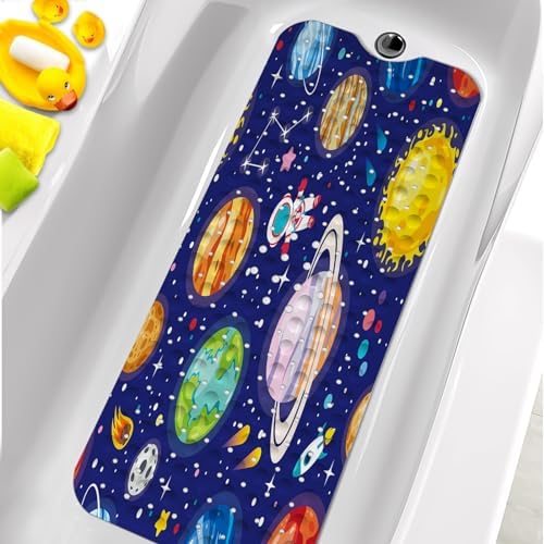 KINUUIS Bathtub Mat for Kids Blue Outer Space Design Non-Slip Washable