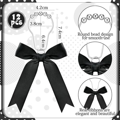 12-Piece Set Black Bow Shower curtain Hooks for Modern Bathroom Design