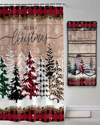 Stylish Mesh Shower Organizer with 10 Pockets Waterproof Leopard Christmas Tree Bath Curtain