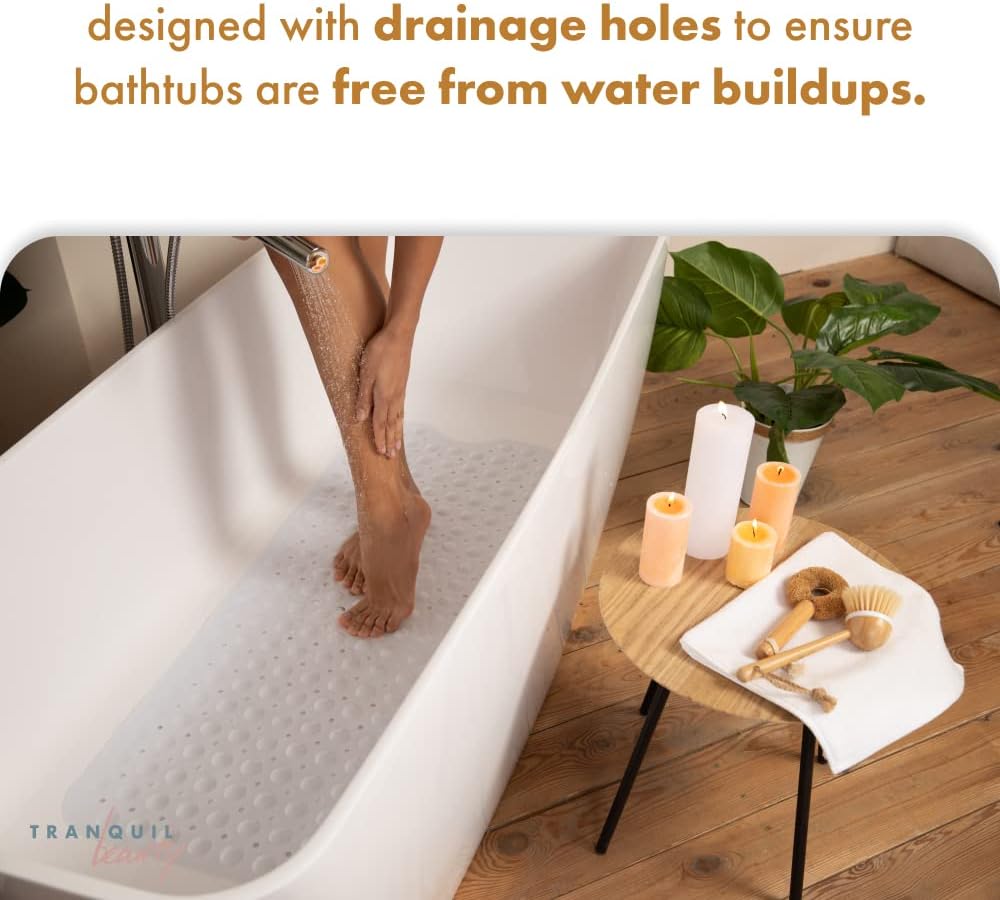 TranquilBeauty Non-Slip Bath Mat with Suction Cups 40x16in White Extra Long