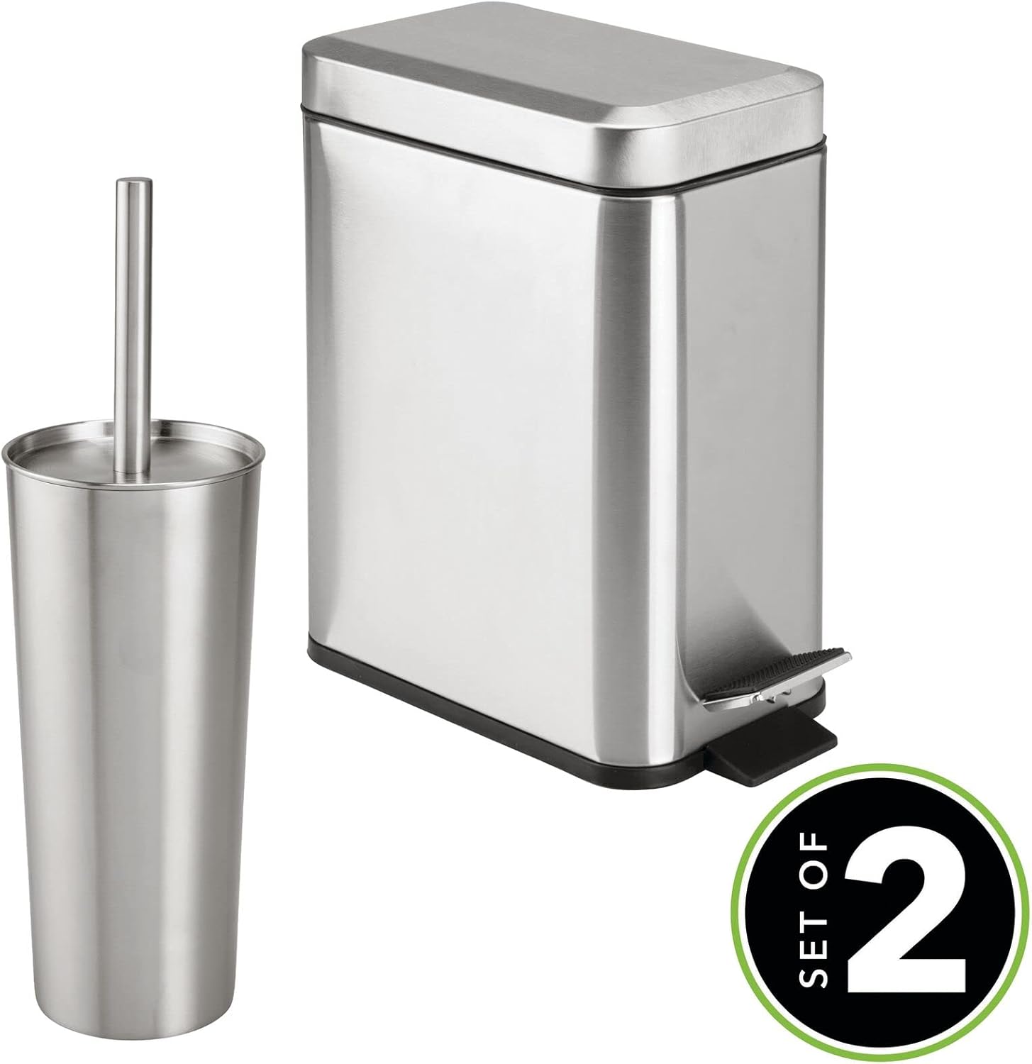 mDesign Metal Toilet Brush with Holder and Step Trash Can Set