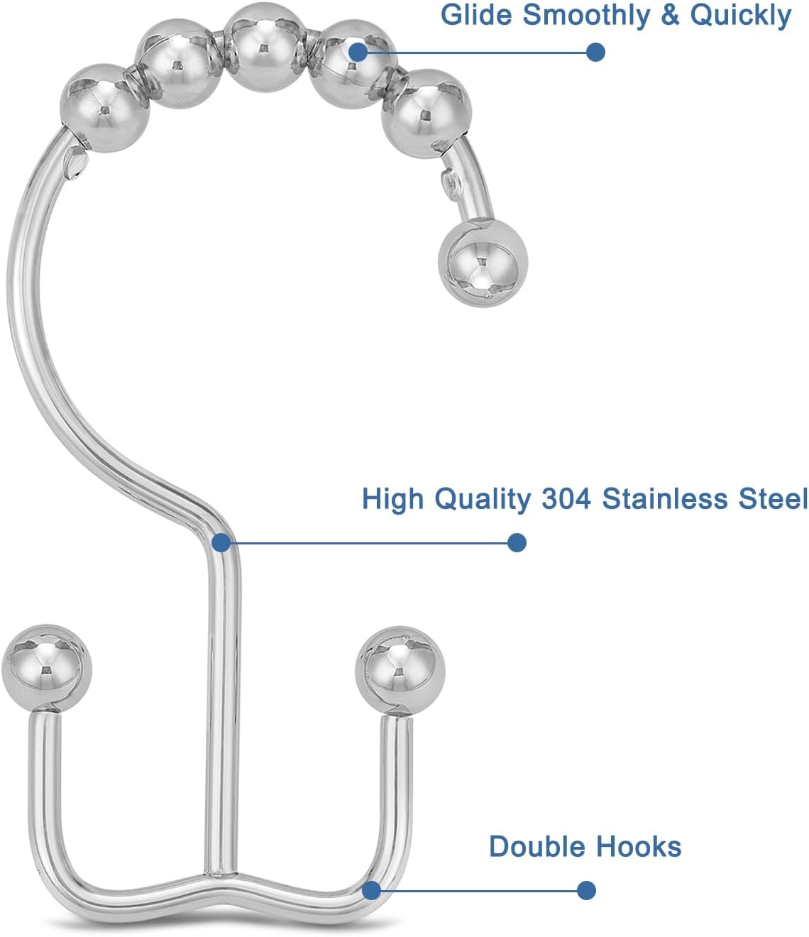 Durable 304 Stainless Steel Double-Sided Shower Curtain Hooks with Glide Action