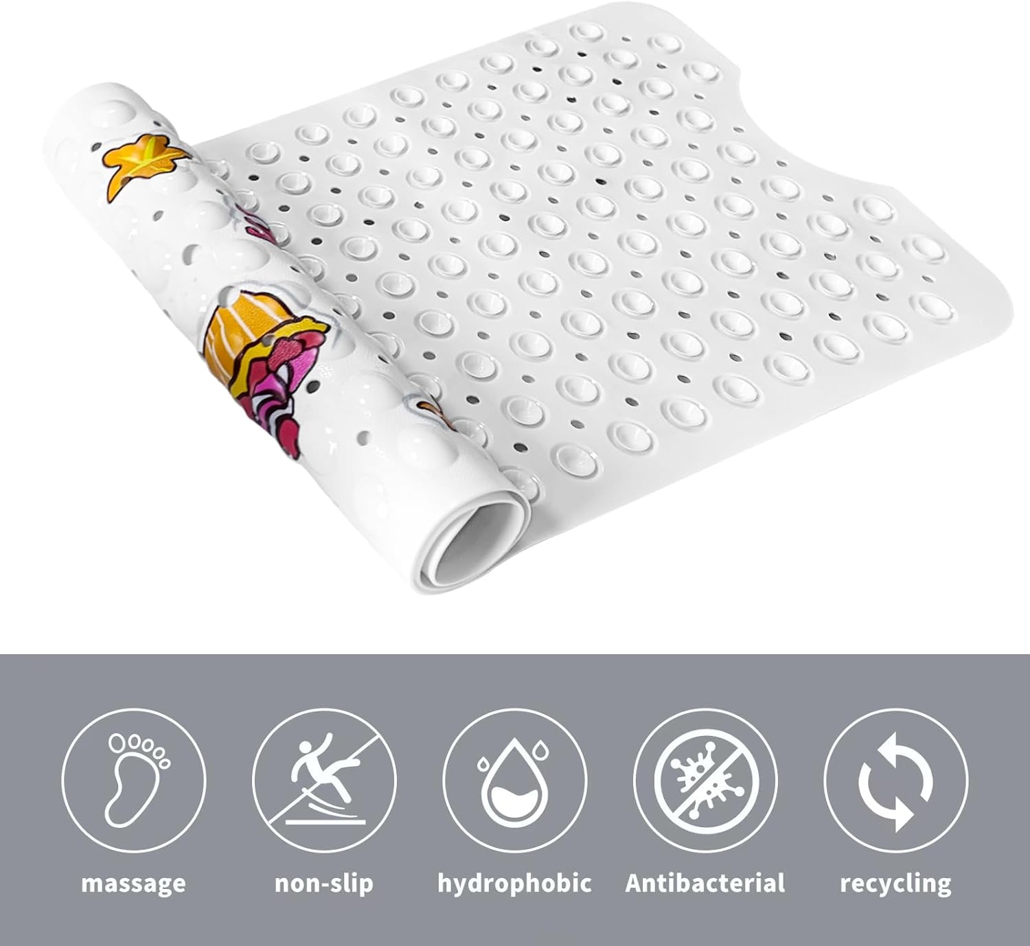 FLMHT Cartoon Bathtub Mat with Suction Cups and Drain Holes