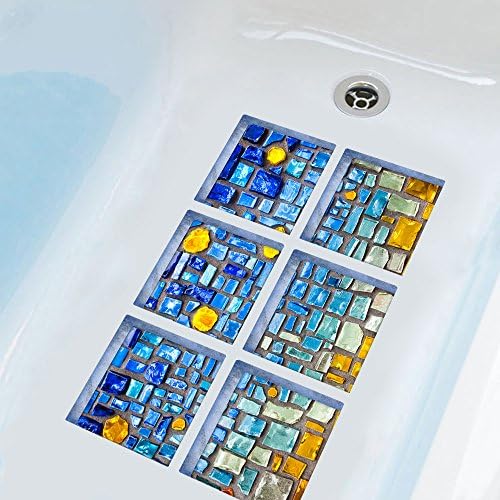 ChezMax 3D Blue Mosaic Anti-Slip Bath Decals 6 Pcs