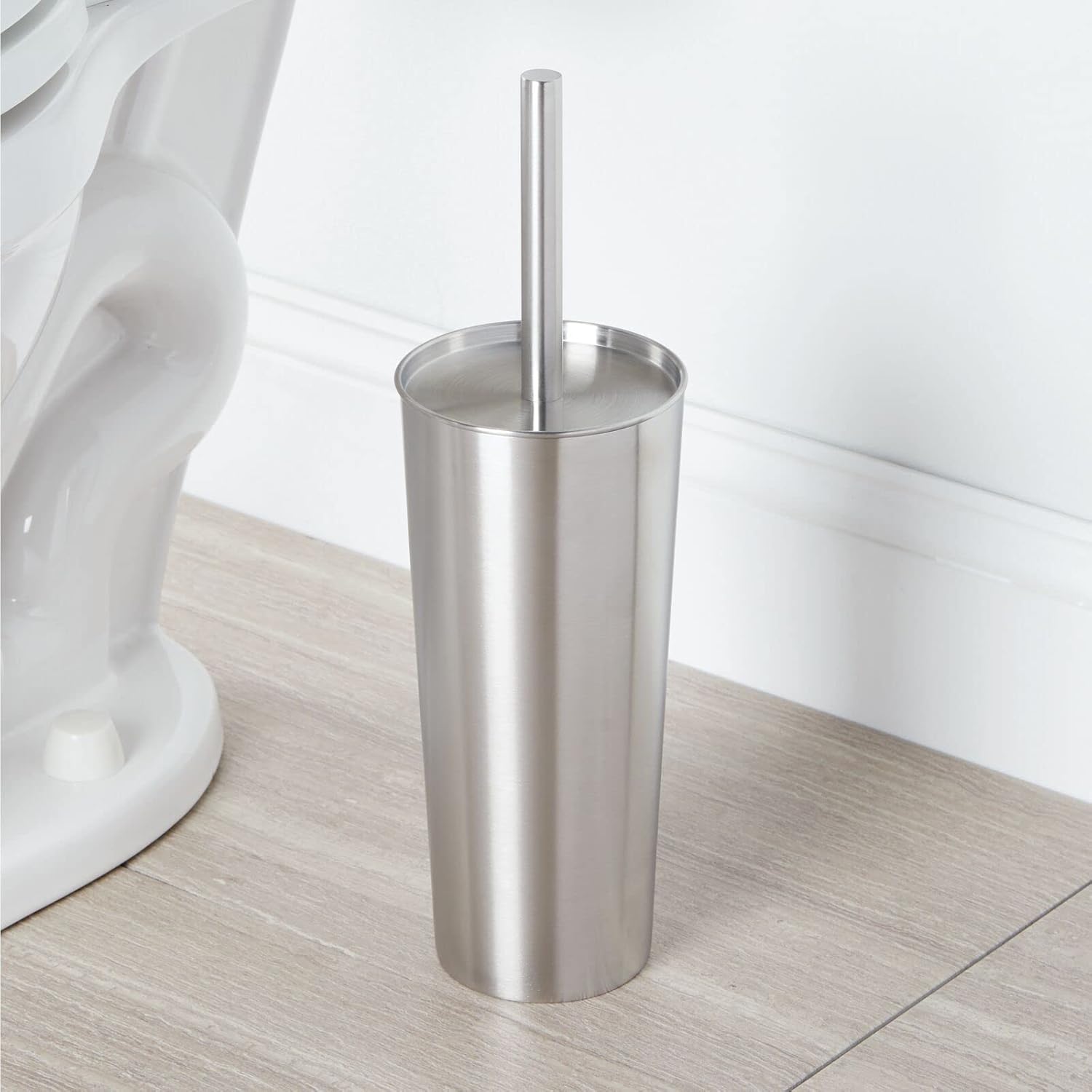 mDesign Metal Toilet Brush with Holder and Step Trash Can Set