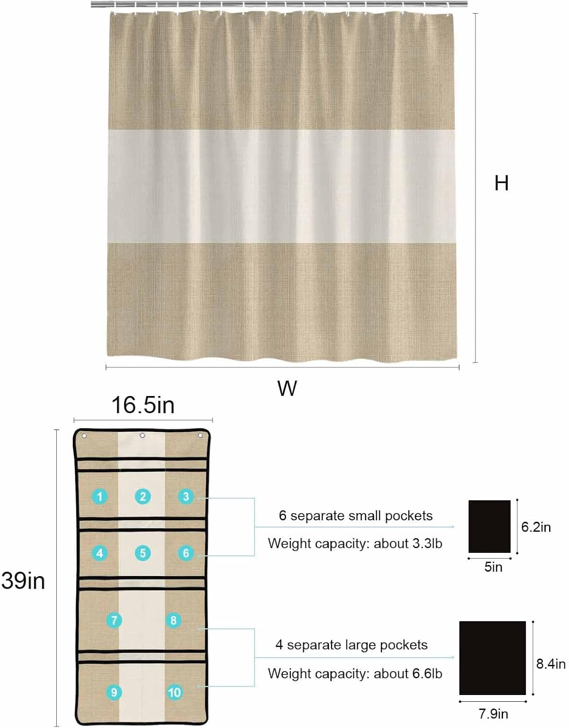 ZFUNCING Shower Curtain with Mesh Organizer and Hooks