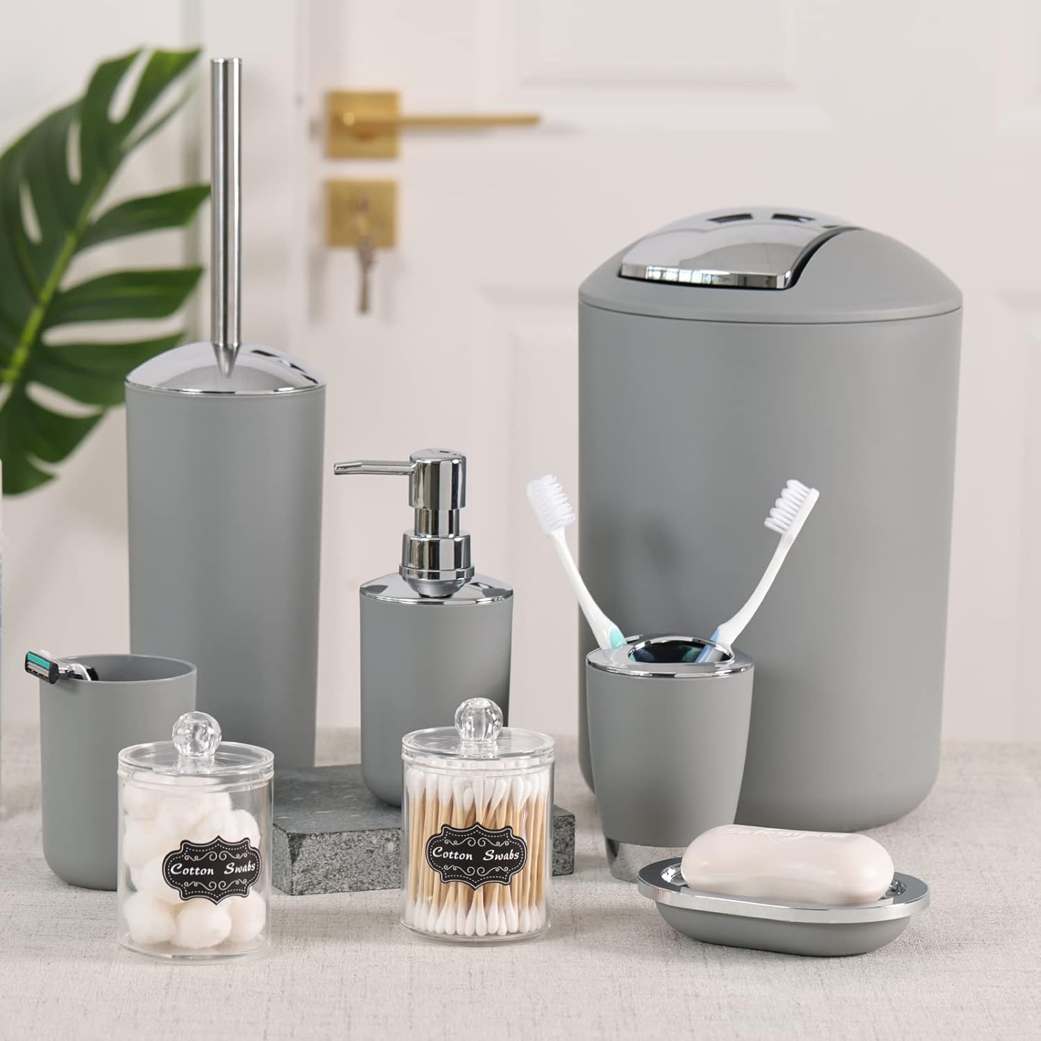 8-Piece Bathroom Accessory Set with Labels Gray