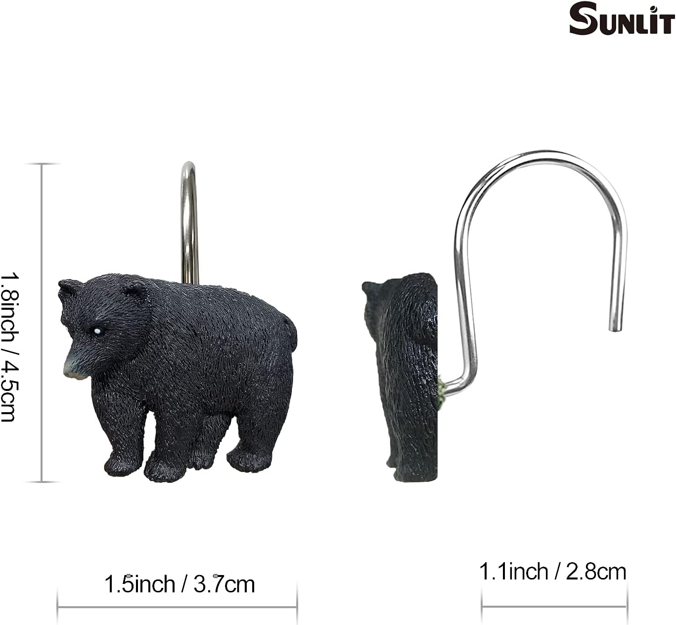 Sunlit Black Bear Shower Curtain Hooks 12 Pack