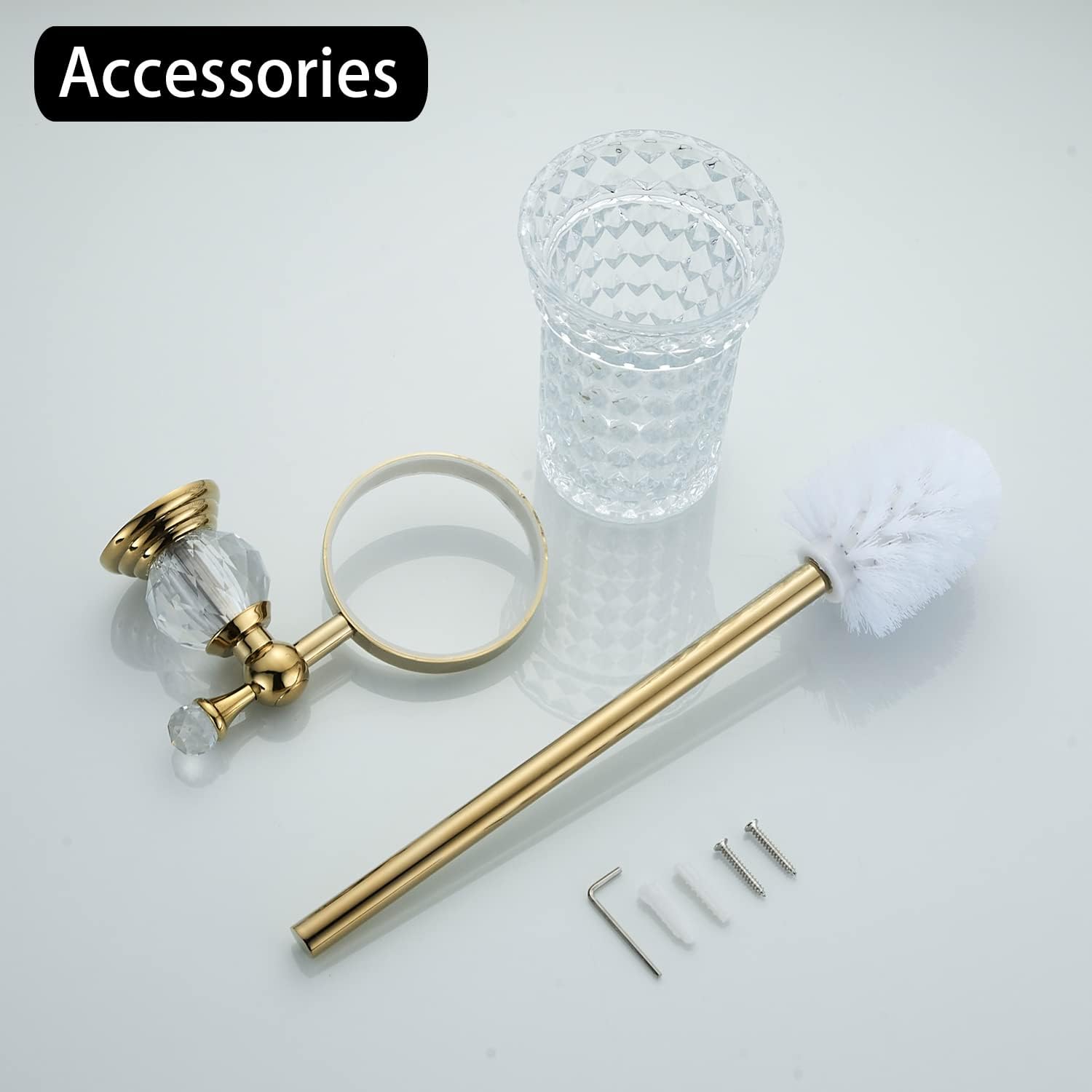 WOLIBEER Crystal Toilet Brush Holder with Gold Handle and Replaceable Brush 1