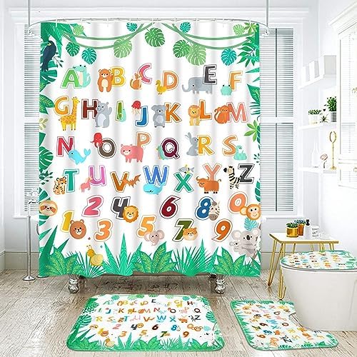 Ikfashoni 4Pcs Kids Animal Shower Curtain Set
