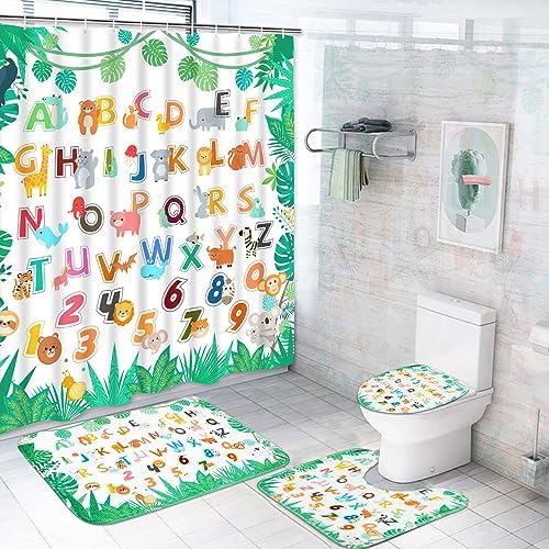 Ikfashoni 4Pcs Kids Animal Shower Curtain Set