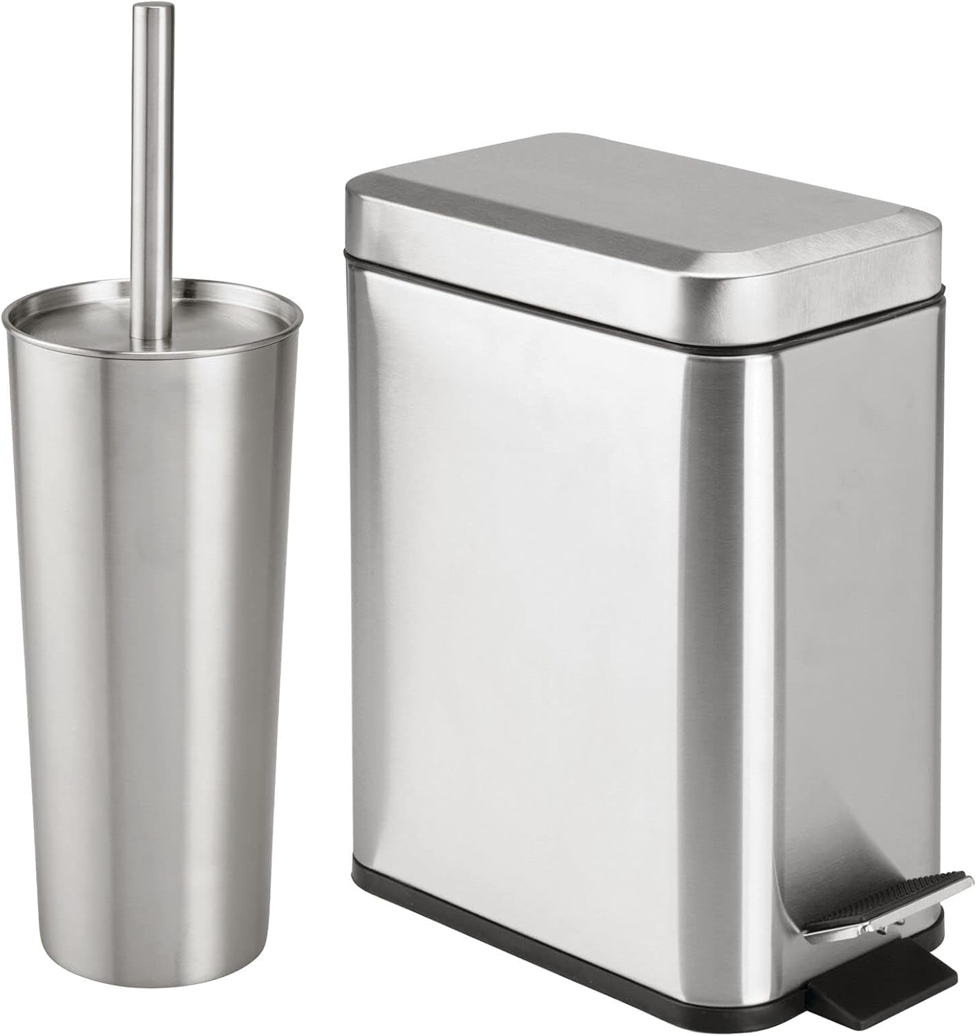 mDesign Metal Toilet Brush with Holder and Step Trash Can Set