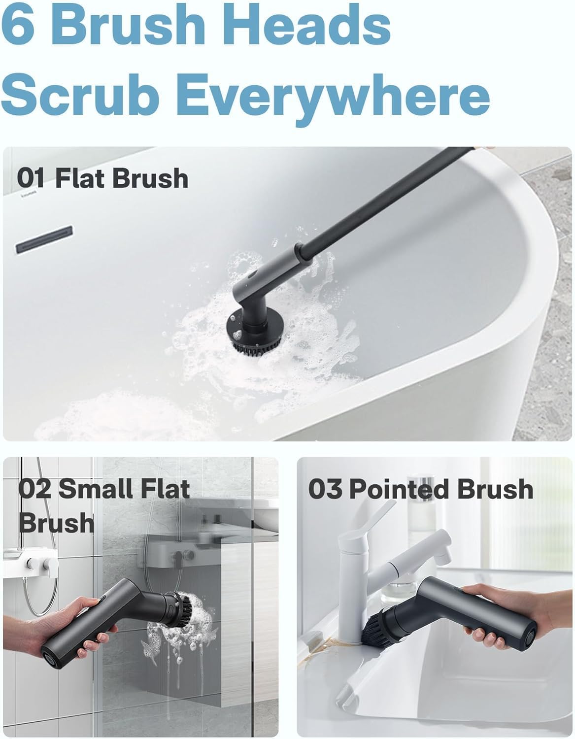 HOTO Electric Spin Scrubber with Long Handle and 6 Brush Heads