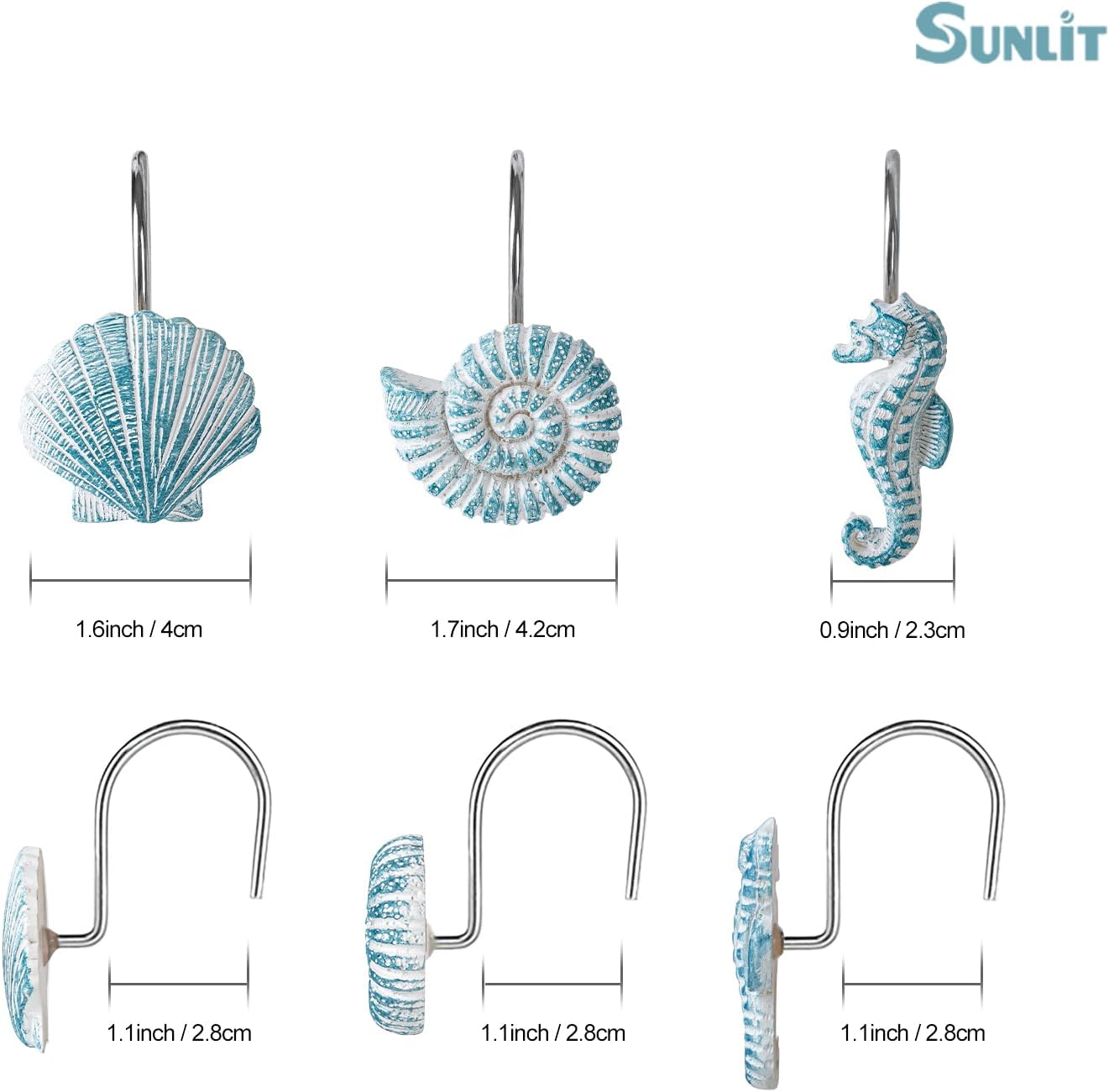 Sunlit 12-Piece Blue Resin Decorative Shower Curtain Hooks