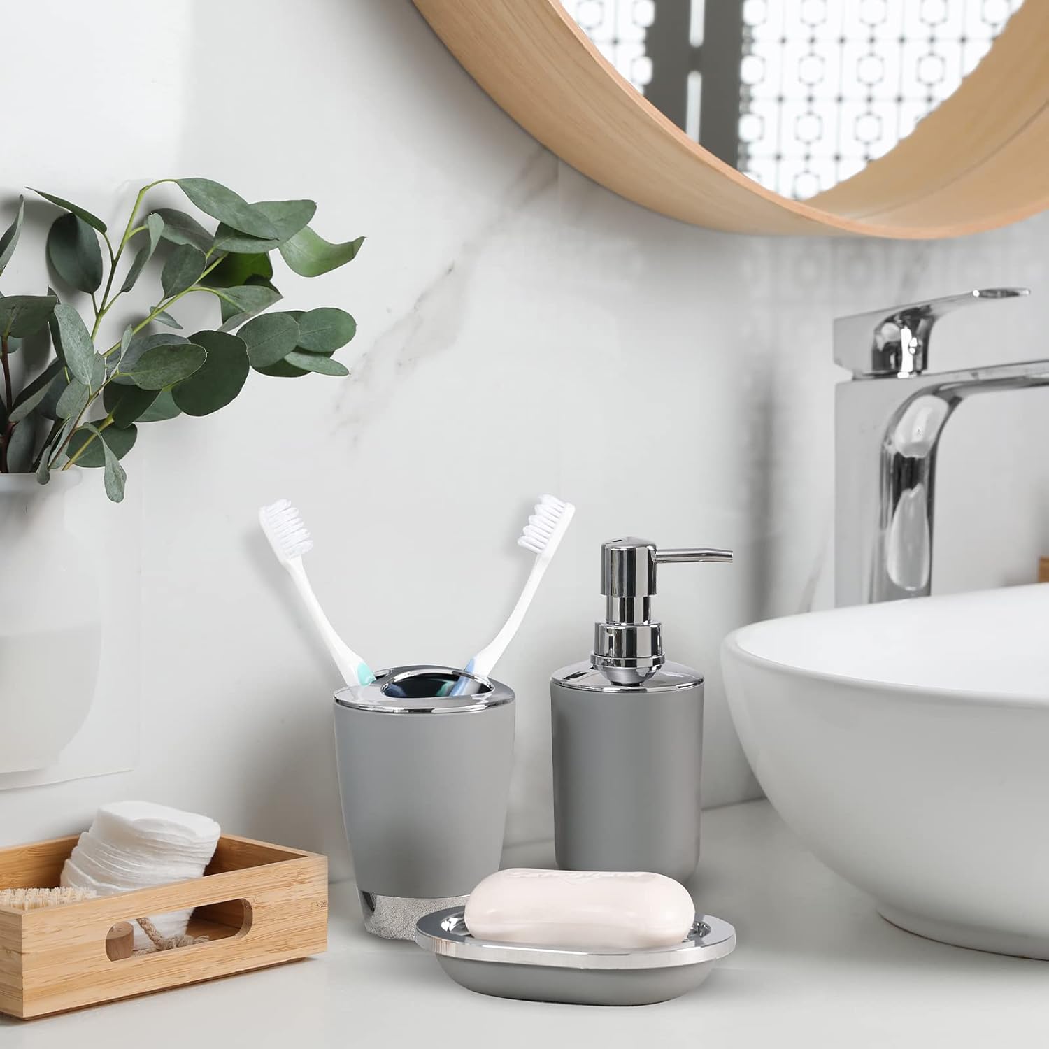 8-Piece Bathroom Accessory Set with Labels Gray