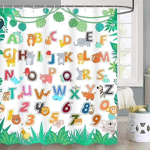 Ikfashoni 4Pcs Kids Animal Shower Curtain Set