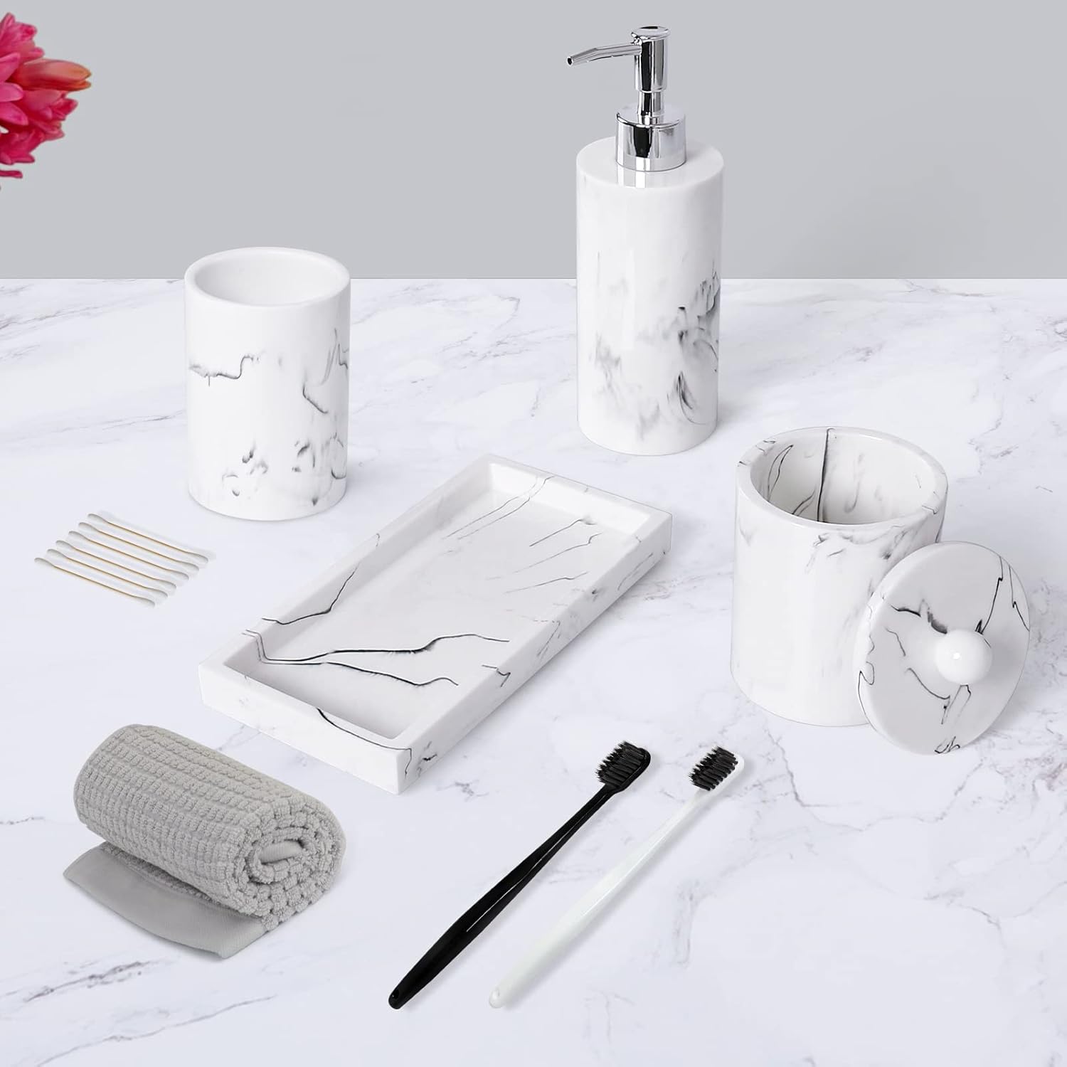 Haturi 4-Piece Marble-Mimicked Bathroom Accessory Set