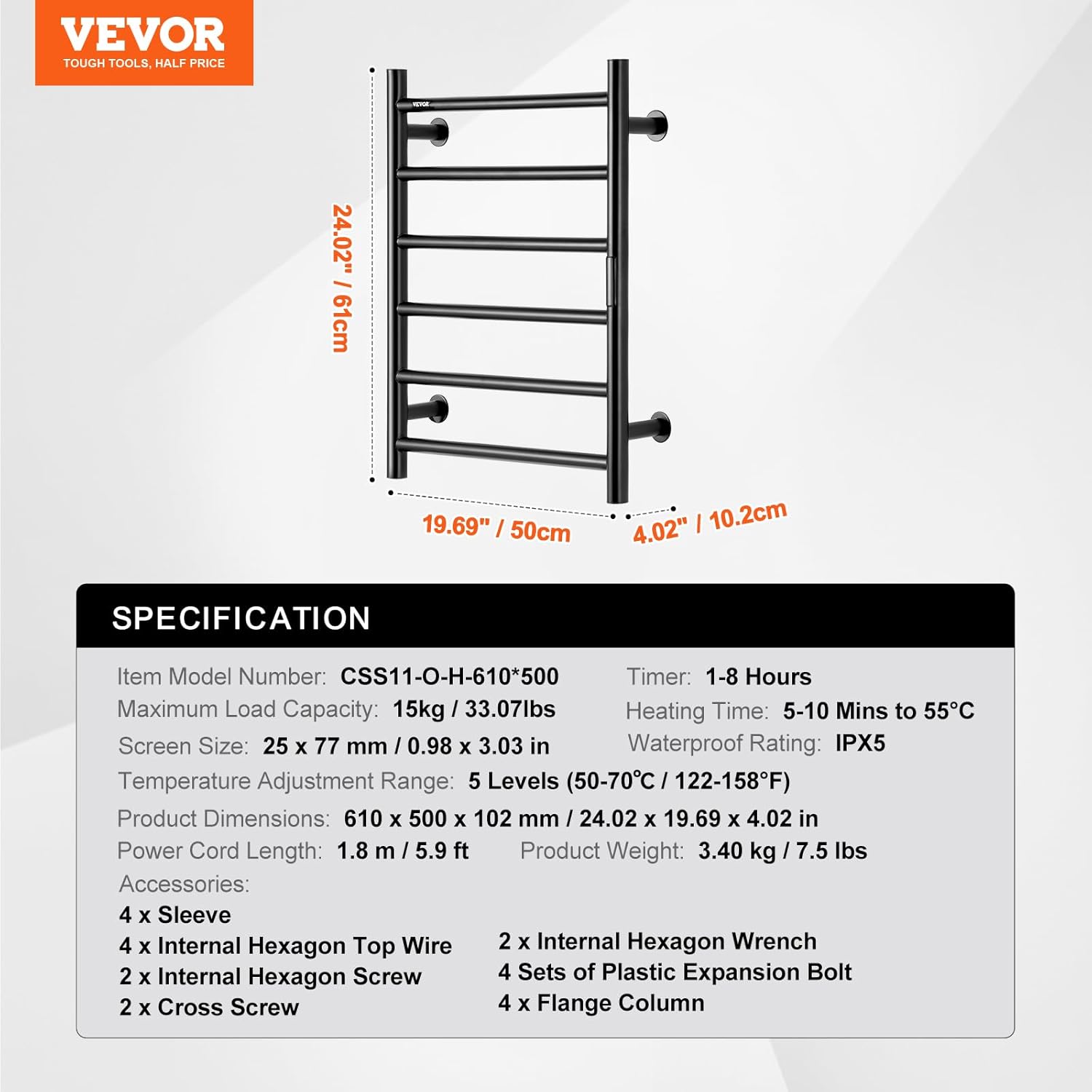 VEVOR 6BAR Stainless Steel Towel Warmer Rack