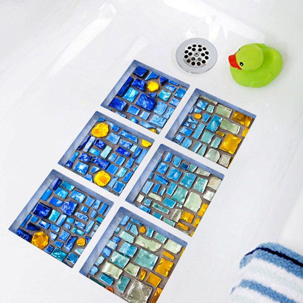 ChezMax 3D Blue Mosaic Anti-Slip Bath Decals 6 Pcs
