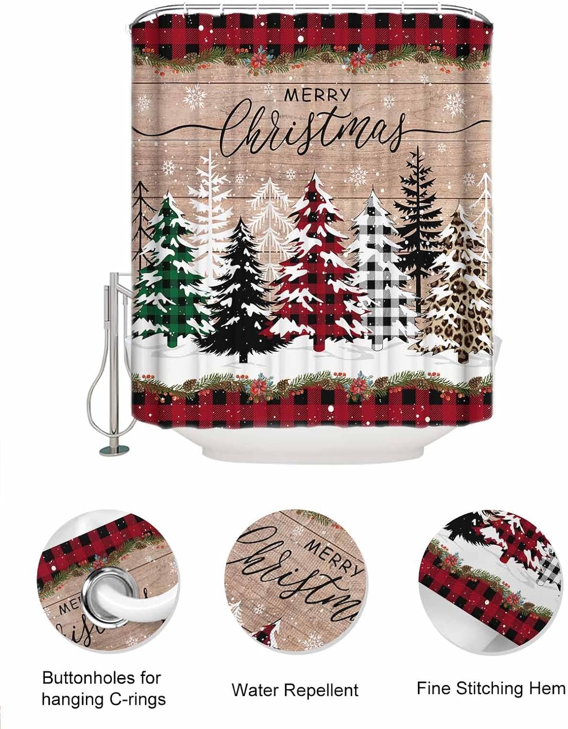 Stylish Mesh Shower Organizer with 10 Pockets Waterproof Leopard Christmas Tree Bath Curtain