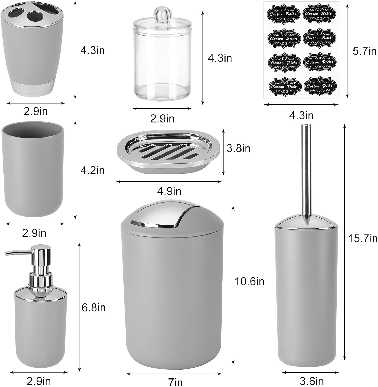 8-Piece Bathroom Accessory Set with Labels Gray