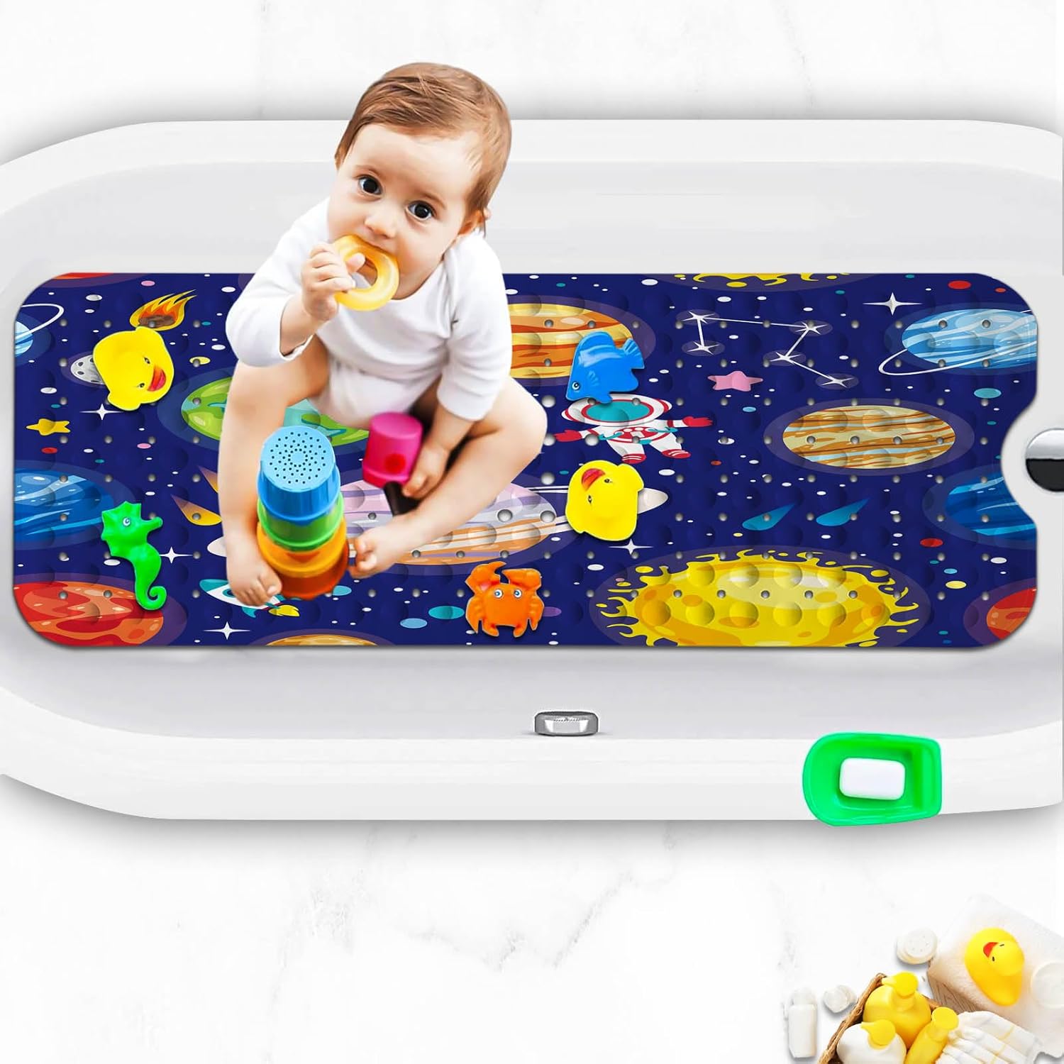 KINUUIS Bathtub Mat for Kids Blue Outer Space Design Non-Slip Washable