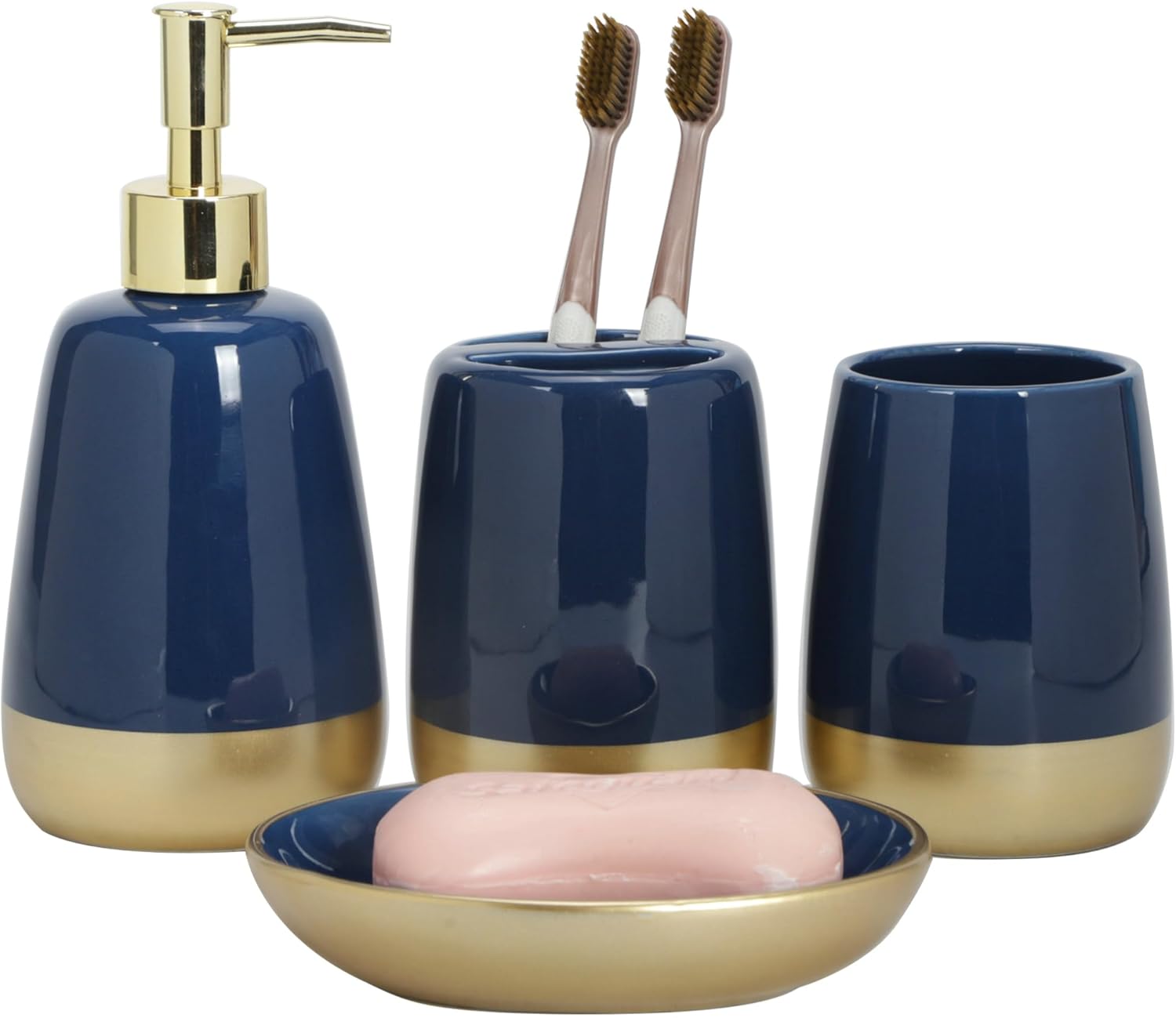 Navy Blue Gold Ceramic Bathroom Accessories Set 4 Pieces