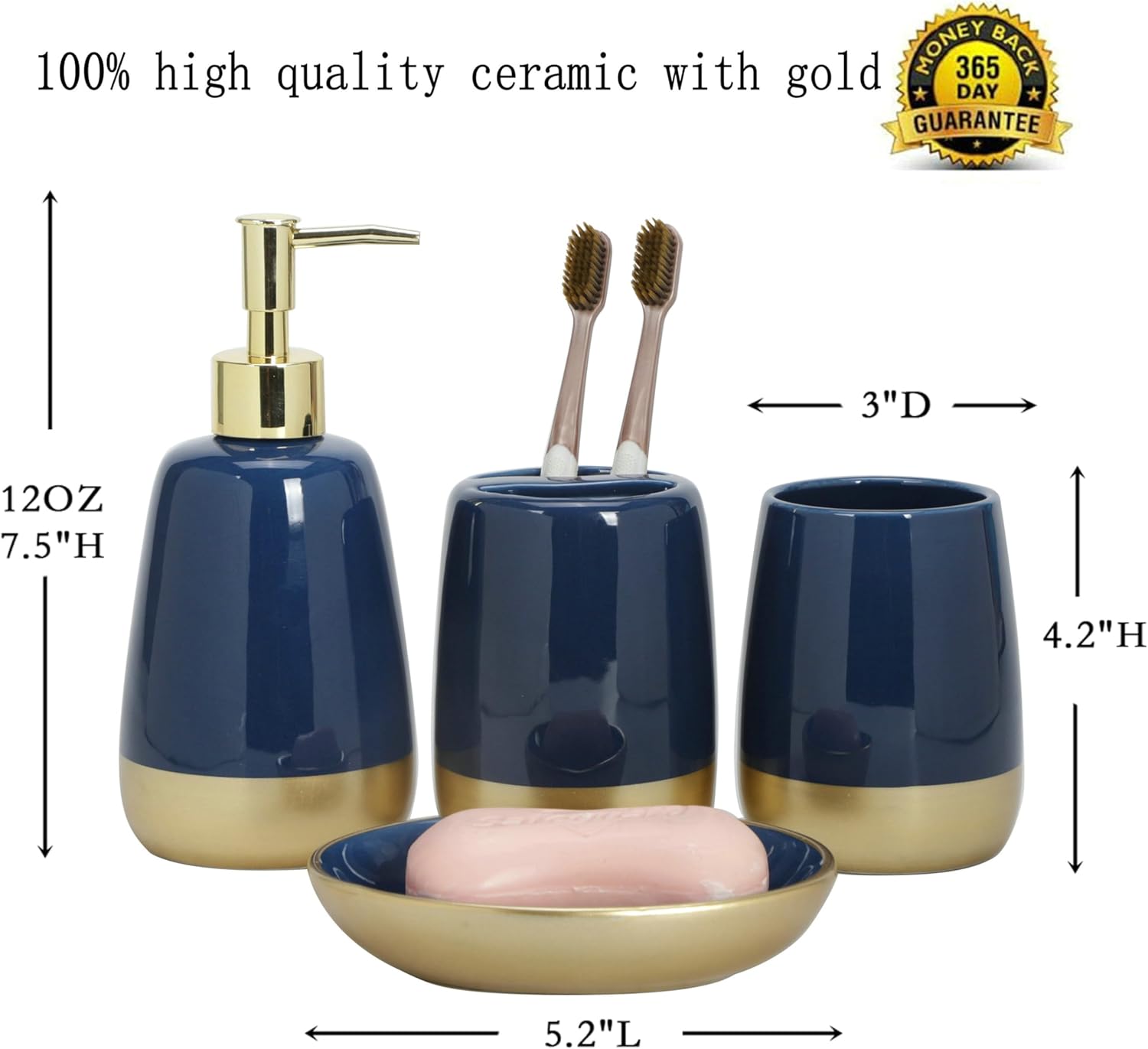 Navy Blue Gold Ceramic Bathroom Accessories Set 4 Pieces